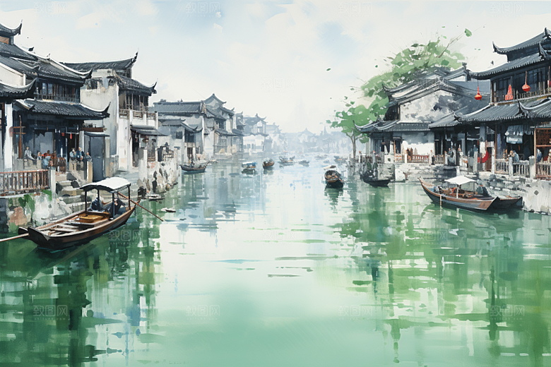 水墨江南小桥流水中式插画