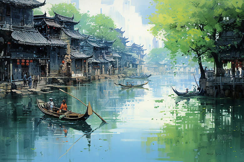 水墨江南粉墙黛瓦手绘插画
