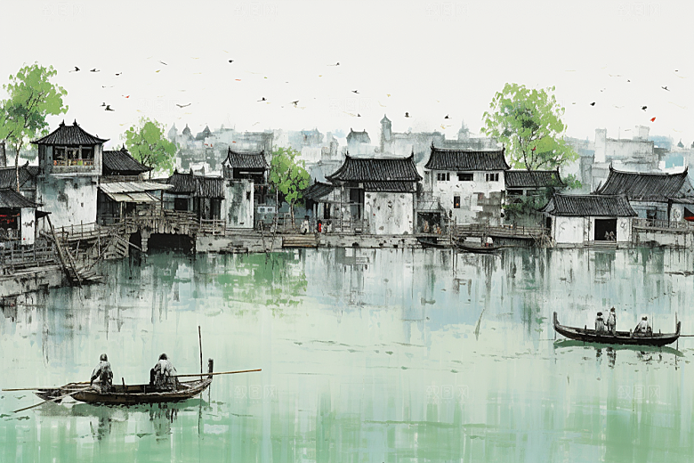 水墨江南粉墙黛瓦中国风插画