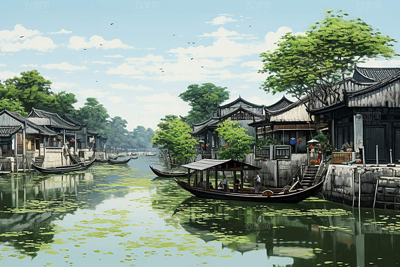 水墨江南水乡中国风插画