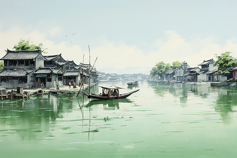 水墨江南小镇中国风插画