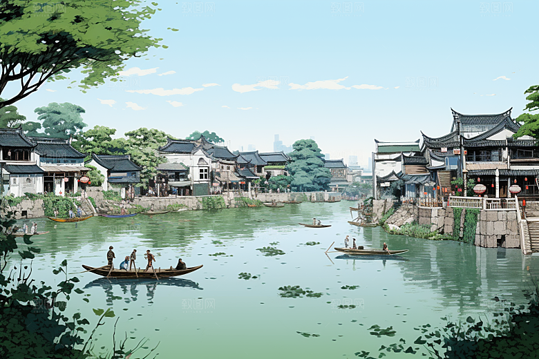 水墨江南水彩手绘插画