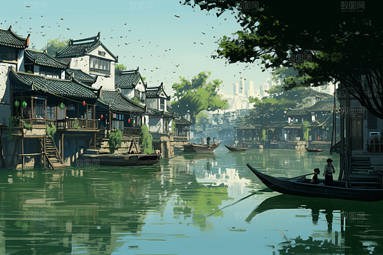 水墨江南水乡粉墙黛瓦插画