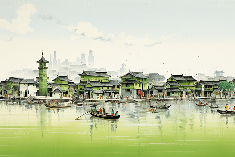 水墨江南晕染水乡插画