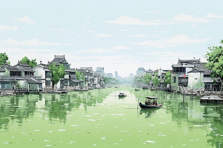 水墨江南中国风水乡插画