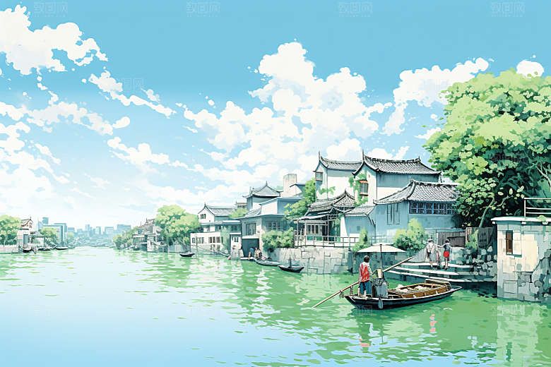 水墨江南水乡小桥流水插画