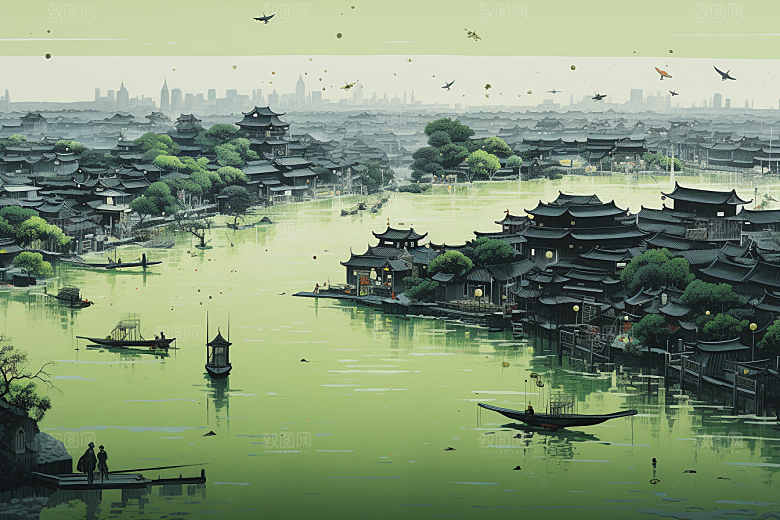 水墨江南手绘小镇插画
