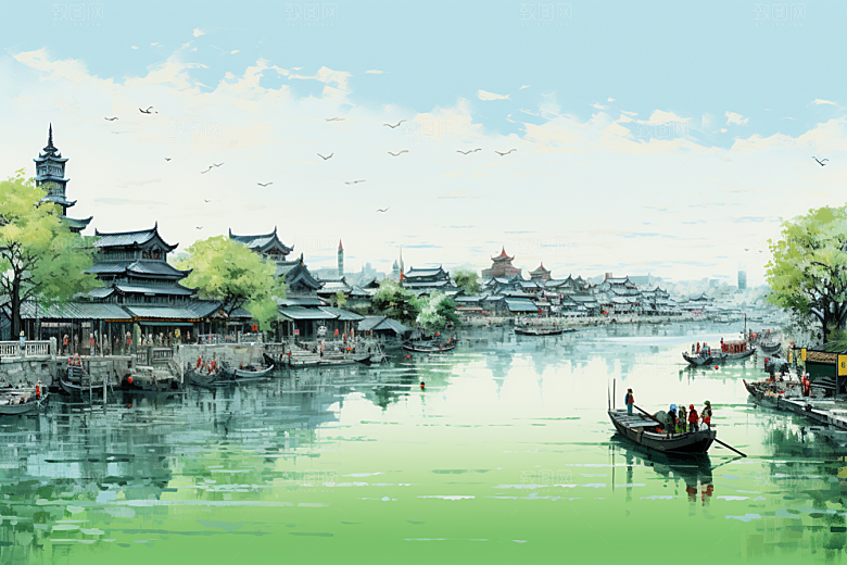 水墨江南中国风中式插画