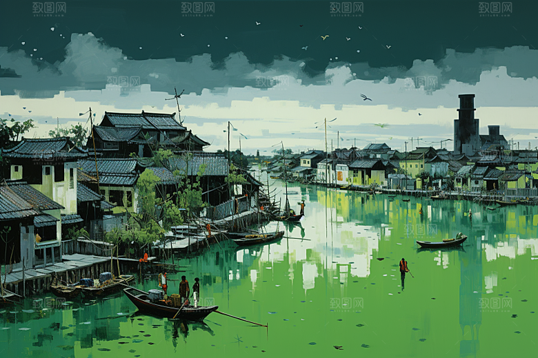 水墨江南水彩水乡插画