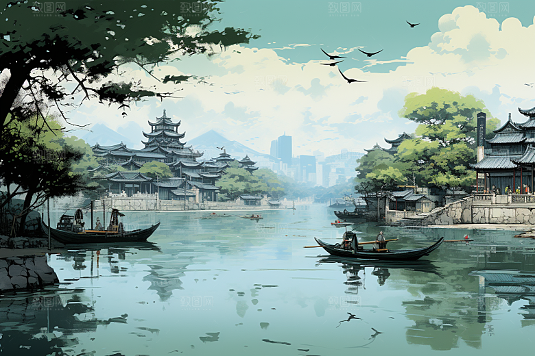 水墨江南小桥流水手绘插画