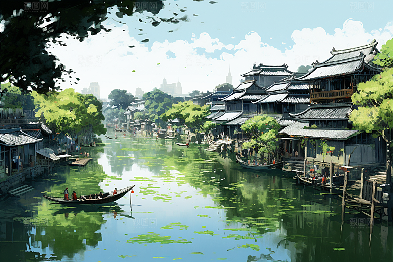 水墨江南小镇粉墙黛瓦插画