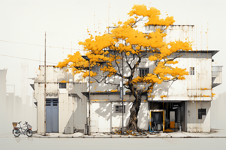 水墨江南中国风粉墙黛瓦插画