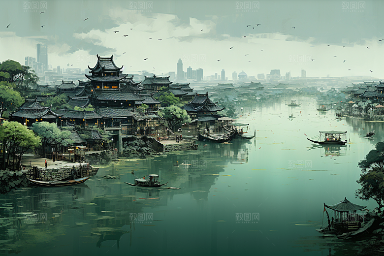水墨江南粉墙黛瓦小镇插画