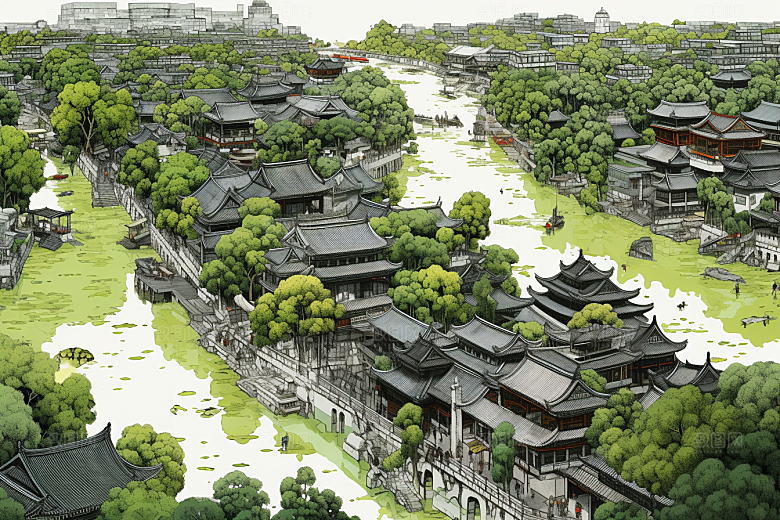水墨江南小桥流水中国风插画
