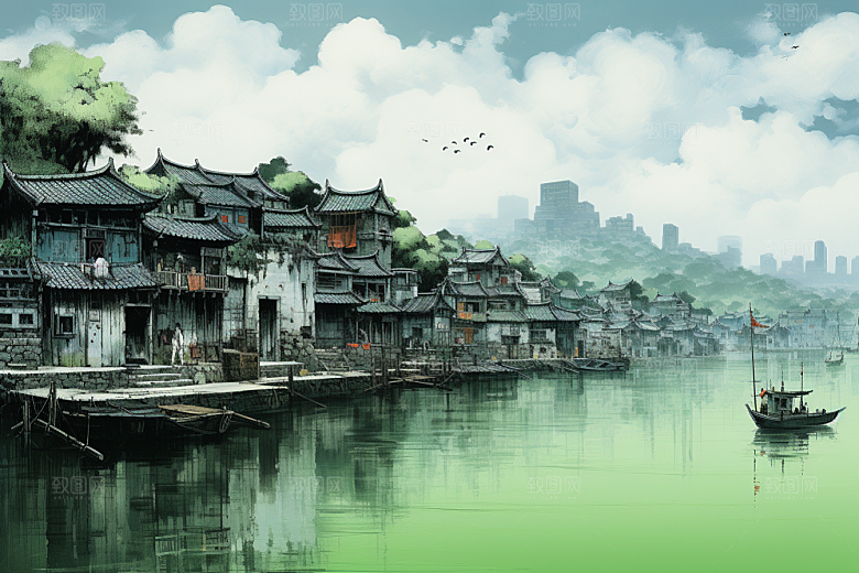 水墨江南晕染小镇插画