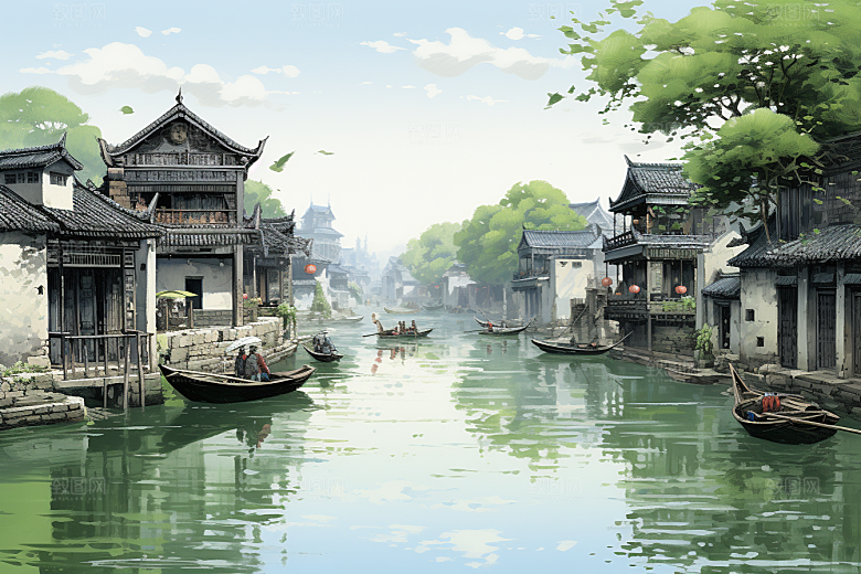 水墨江南中国风晕染插画