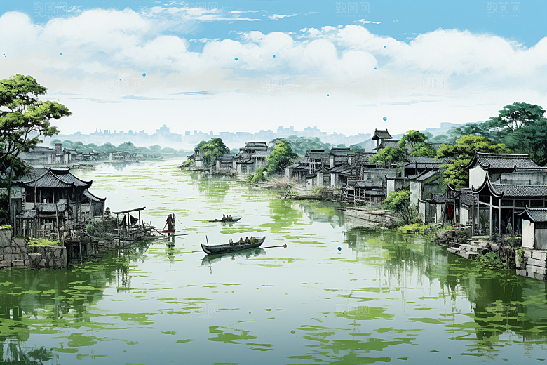 水墨江南中国风晕染插画