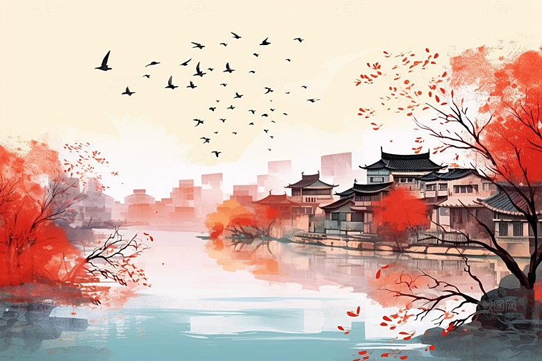 水墨江南晕染中国风插画
