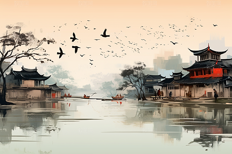 水墨江南手绘水乡插画