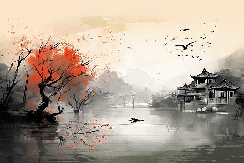 水墨江南水彩中式插画