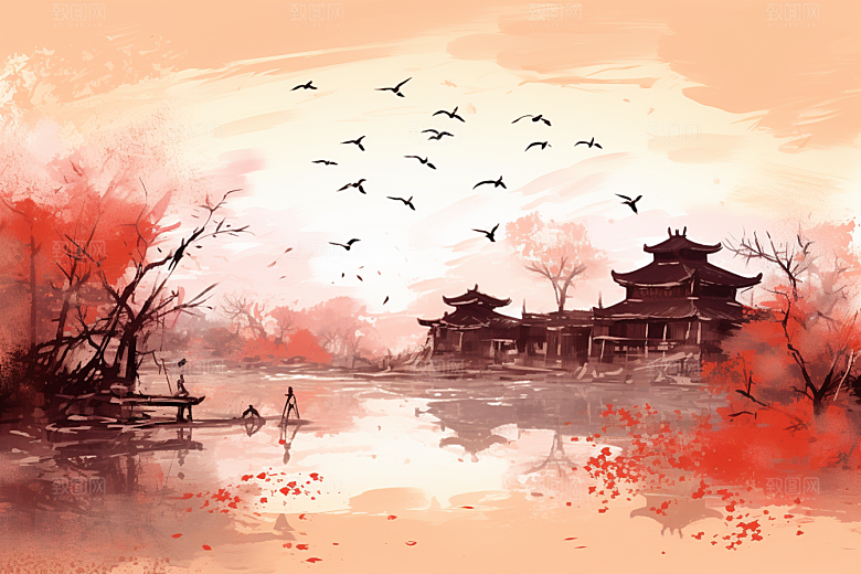 水墨江南小镇粉墙黛瓦插画