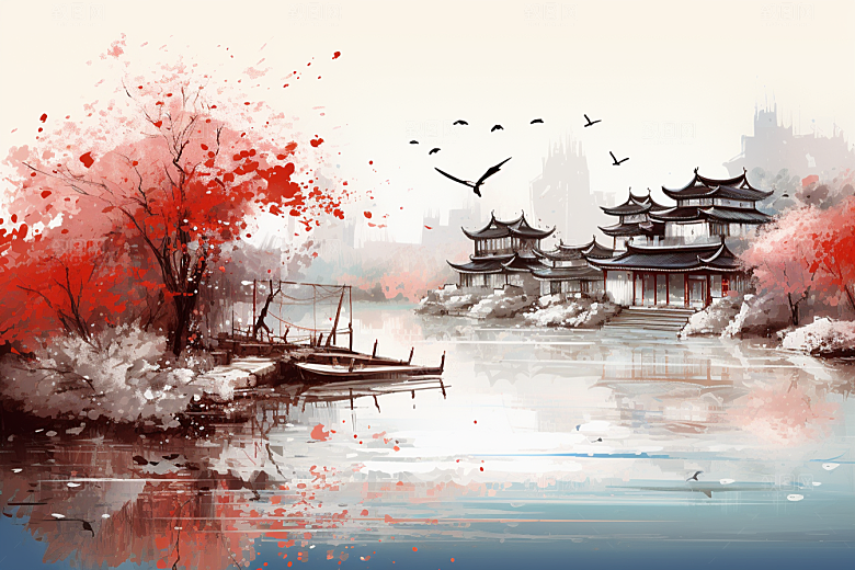 水墨江南水彩水乡插画