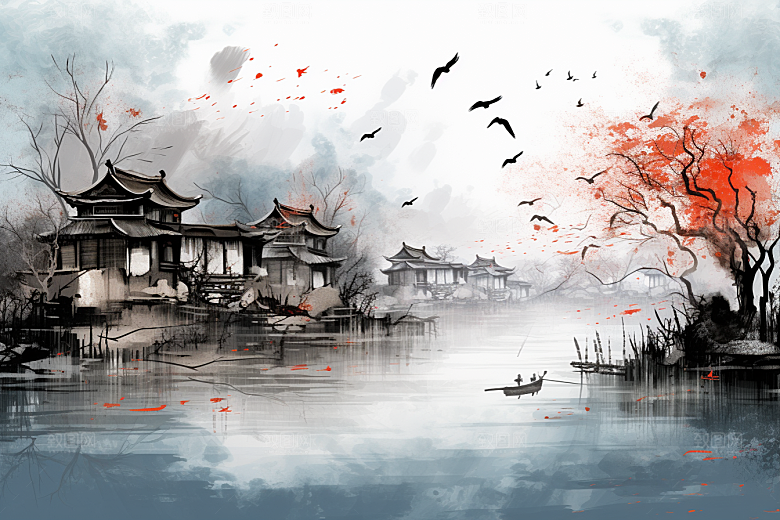 水墨江南晕染小镇插画