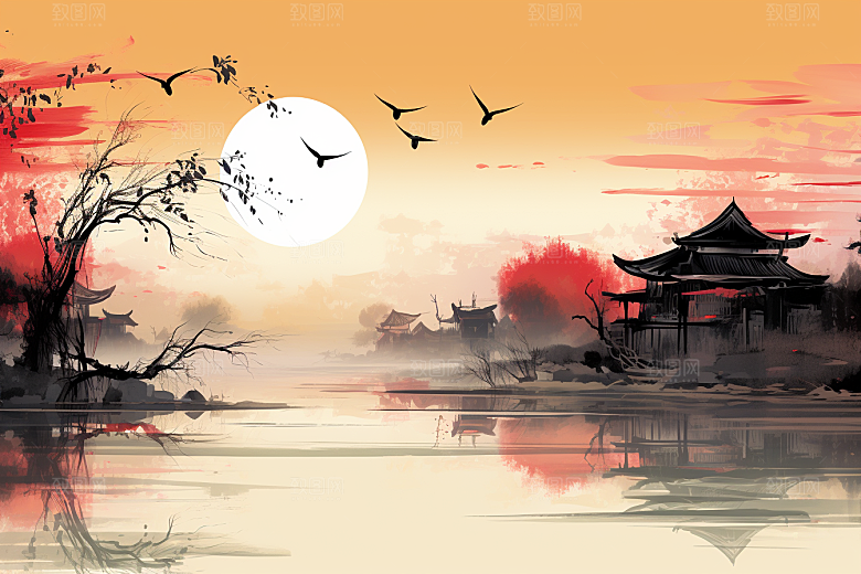 水墨江南中式小桥流水插画