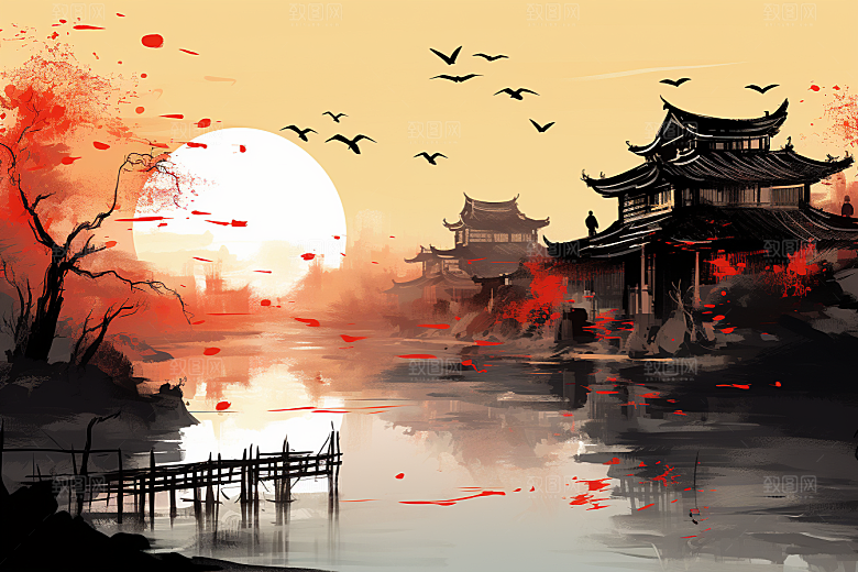 水墨江南小镇晕染插画