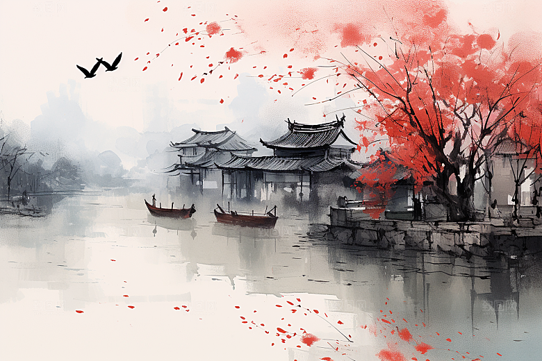 水墨江南小镇晕染插画