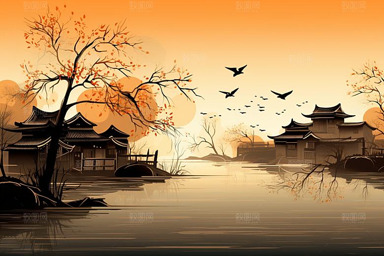 水墨江南小镇水彩插画