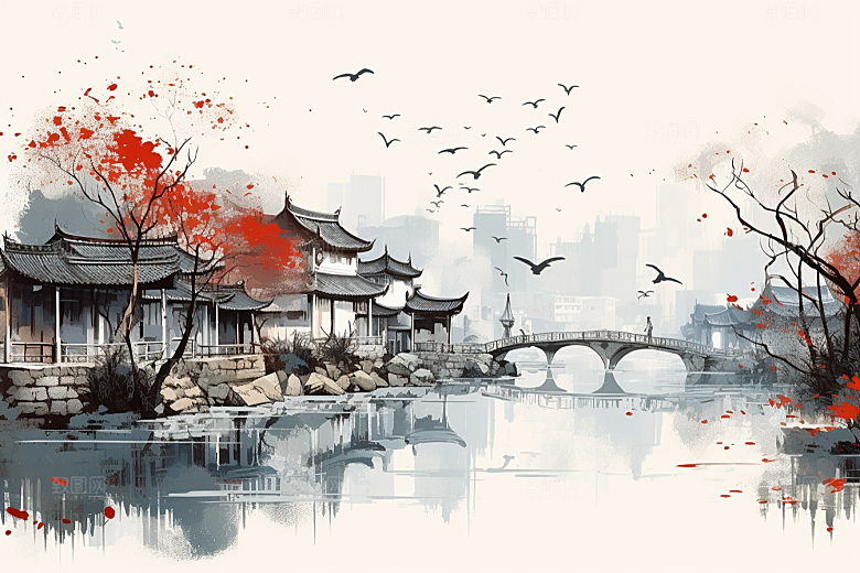 水墨江南中国风晕染插画