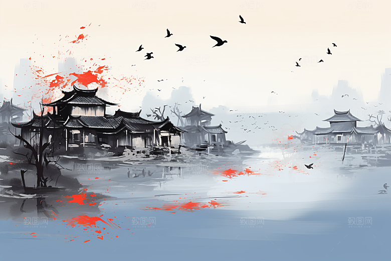 水墨江南小桥流水小镇插画
