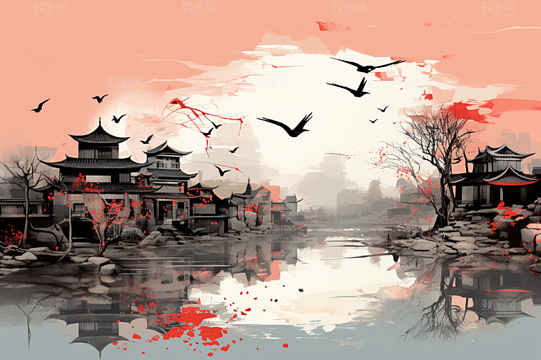 水墨江南水乡水彩插画