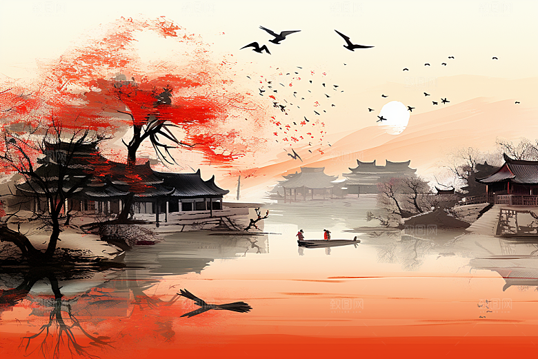 水墨江南水乡小桥流水插画