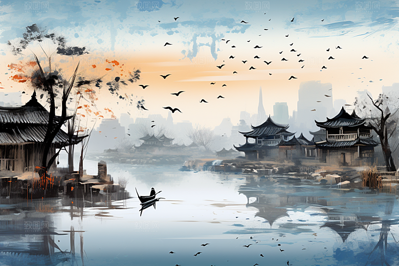 水墨江南水彩中式插画
