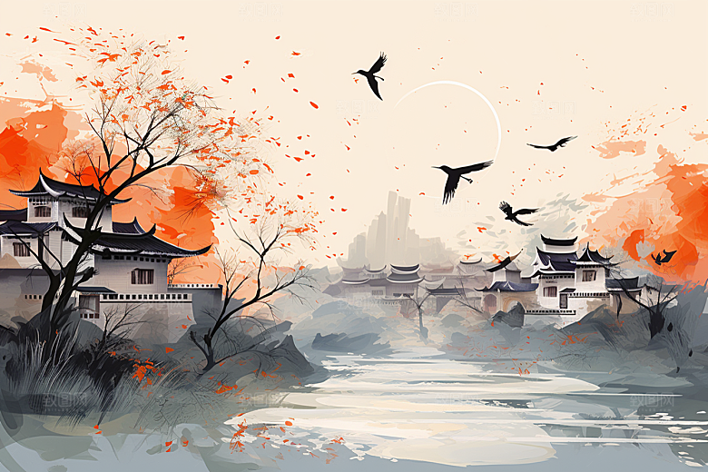 水墨江南粉墙黛瓦晕染插画