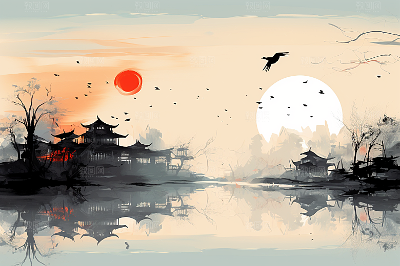 水墨江南手绘小镇插画