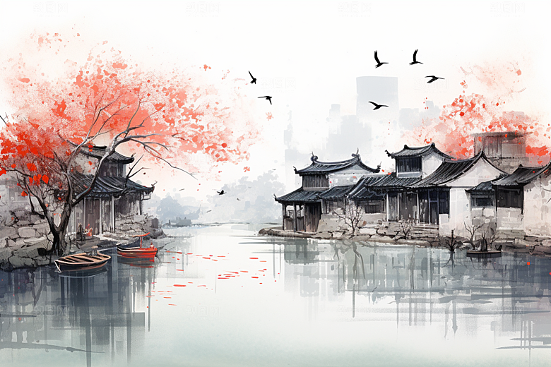 水墨江南水彩手绘插画