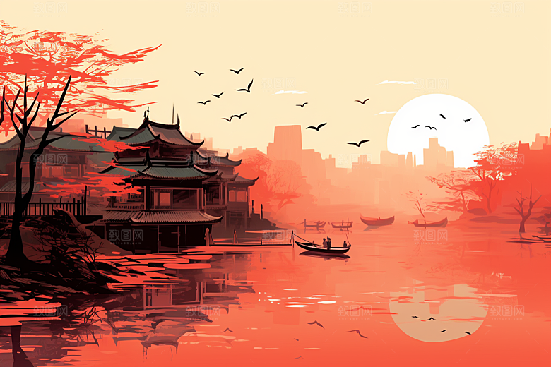 水墨江南中国风小桥流水插画