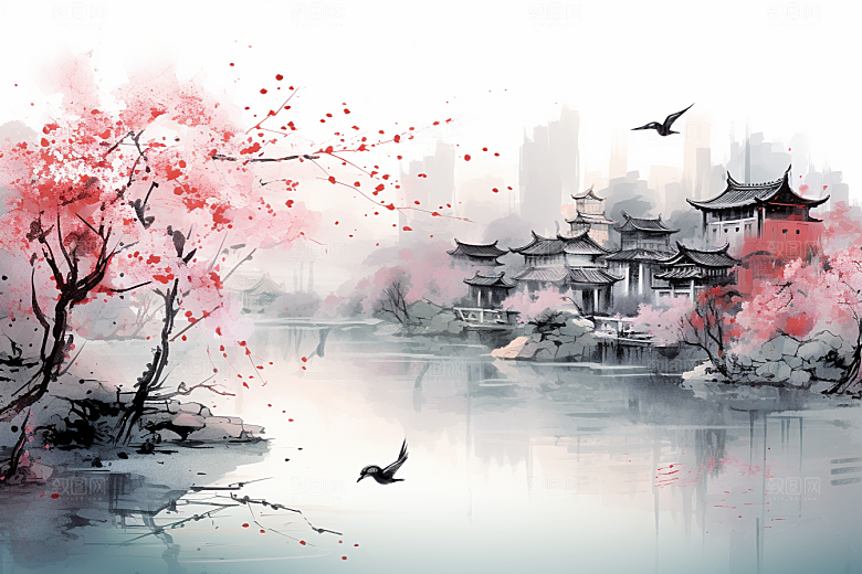 水墨江南中国风小桥流水插画
