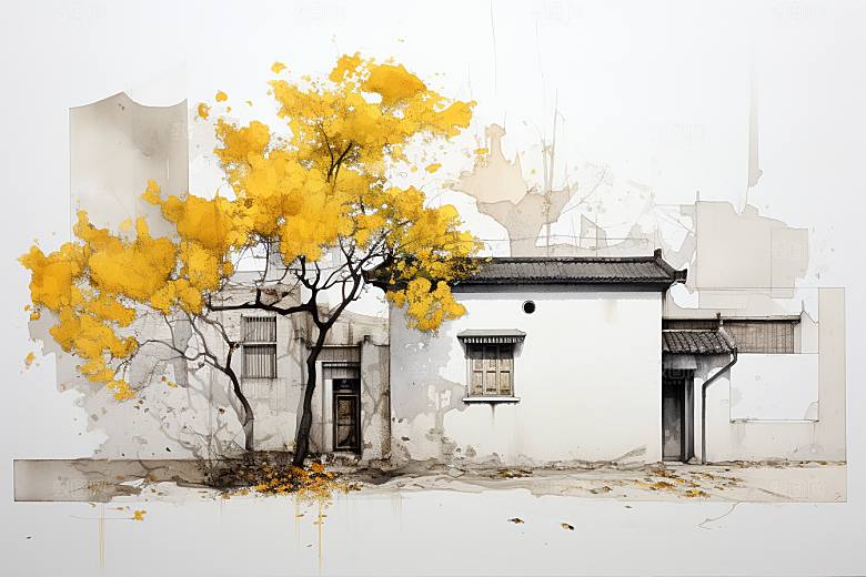 水墨江南水彩小桥流水插画