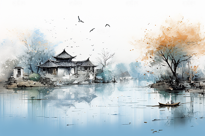 水墨江南粉墙黛瓦晕染插画