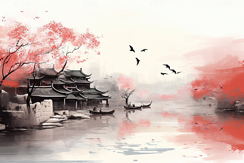 水墨江南手绘水乡插画