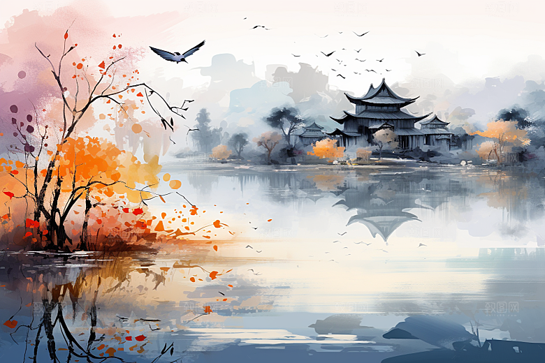 水墨江南中式小镇插画
