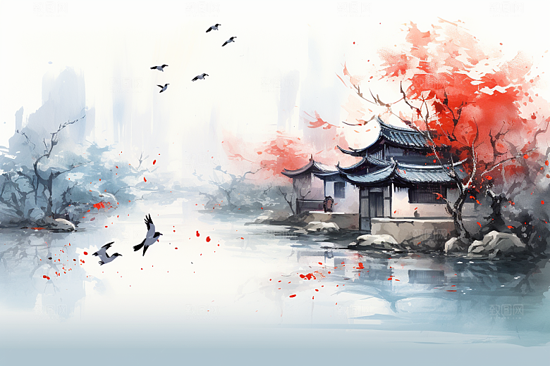 水墨江南小桥流水中式插画