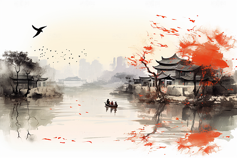 水墨江南水乡中国风插画