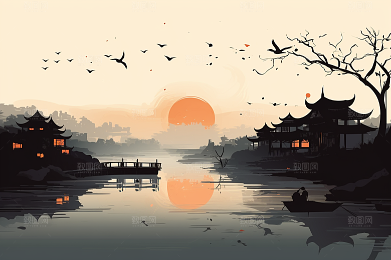 水墨江南小镇晕染插画