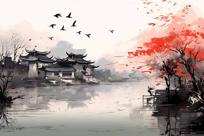 水墨江南粉墙黛瓦小镇插画