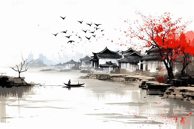 水墨江南水彩水乡插画